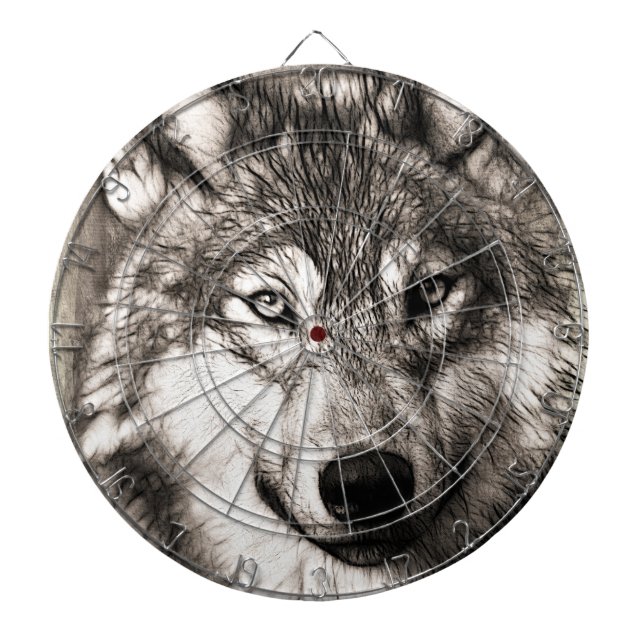 Wolf portrait dartboard with darts (Front)
