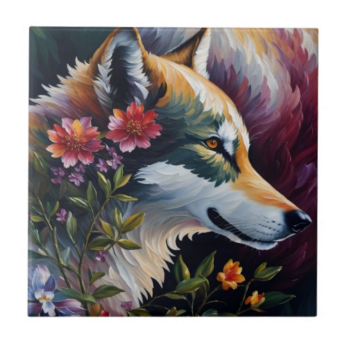 Wolf Portrait Floral Art Ceramic Tile