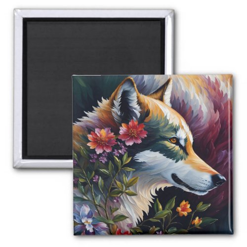 Wolf Portrait Floral Art Magnet