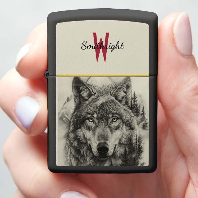 Wolf portrait in a tranquil forest zippo lighter (In Hand)