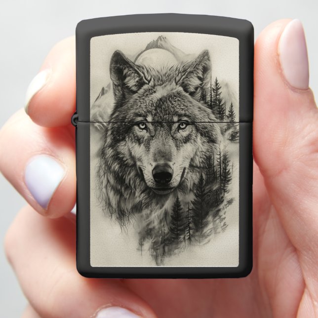 Wolf portrait in a tranquil forest zippo lighter (In Hand)