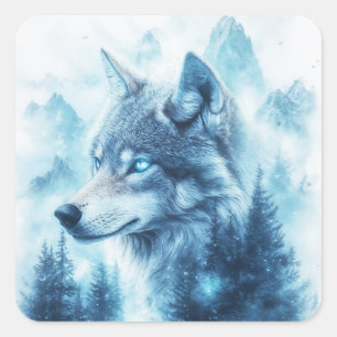 Wolf Portrait with Glowing Blue Eyes Square Sticker
