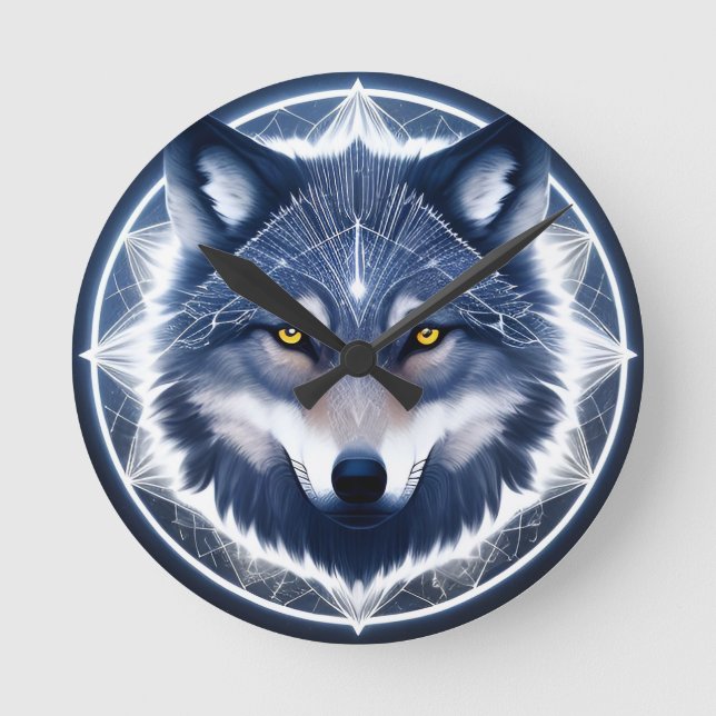 Wolf Portrait with Intense Golden Eyes Round Clock (Front)