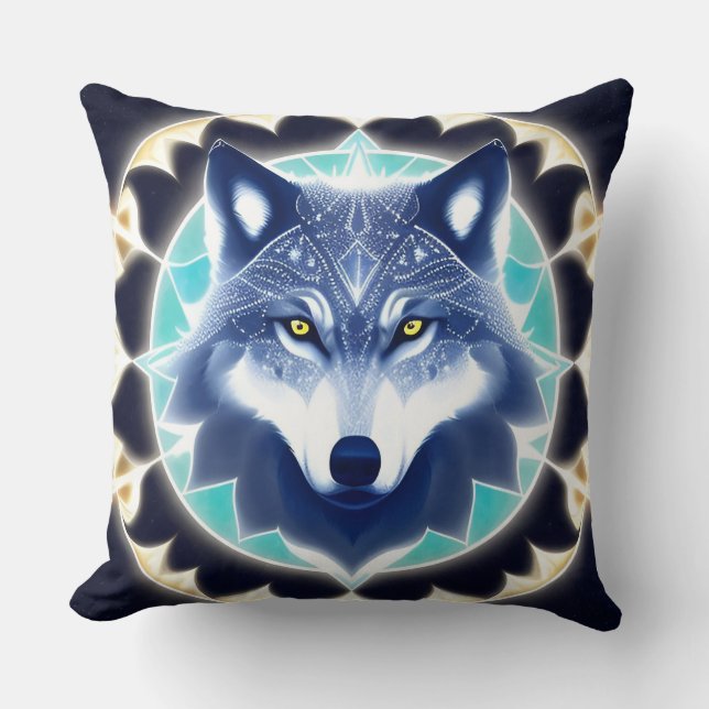Wolf Portrait with Intense Golden Eyes Throw Pillow (Front)