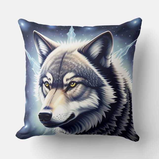 Wolf Portrait with Intense Golden Eyes Throw Pillow (Front)