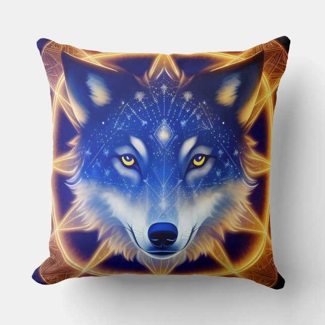 Wolf Portrait with Intense Golden Eyes Throw Pillow (Front)