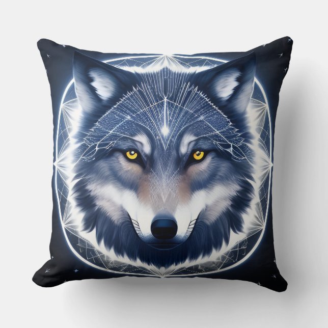 Wolf Portrait with Intense Golden Eyes Throw Pillow (Front)