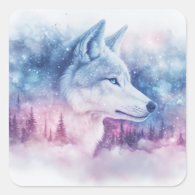 Wolf Portrait with Pink and Purple Nebula Square Sticker (Front)