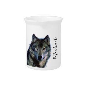 Wolf Portrait Your Name Custom Handwriting Beverage Pitcher