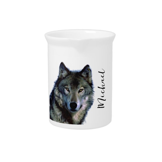 Wolf Portrait Your Name Custom Handwriting Beverage Pitcher (Front)
