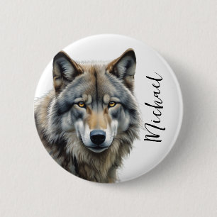 Wolf Portrait Your Name Custom Handwriting Button