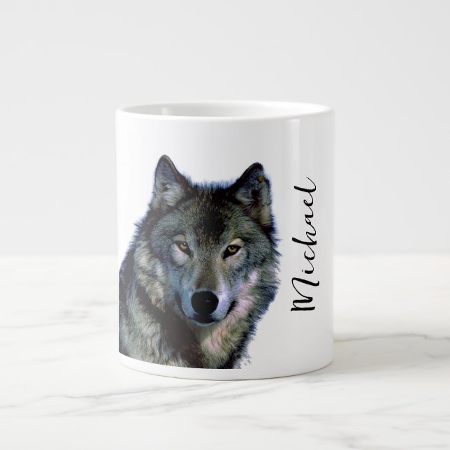 Wolf Portrait Your Name Custom Handwriting Giant Coffee Mug (Front)