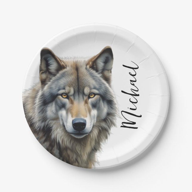 Wolf Portrait Your Name Custom Handwriting Paper Plates (Front)
