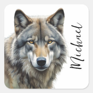 Wolf Portrait Your Name Custom Handwriting Square Sticker