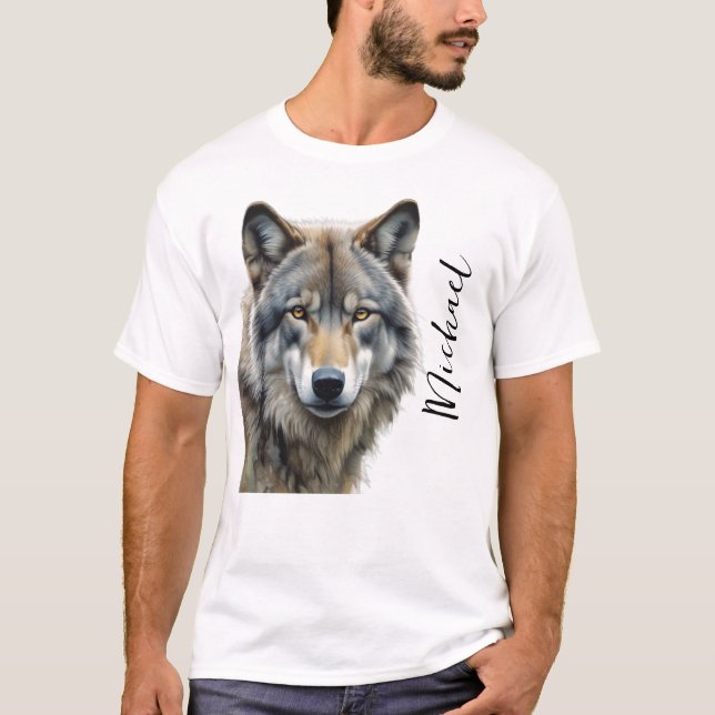 Wolf Portrait Your Name Custom Handwriting T-Shirt (Front)
