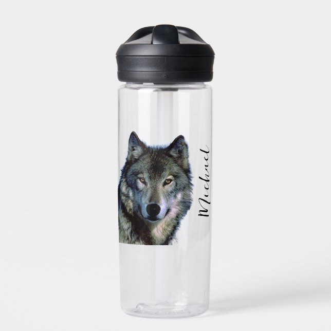 Wolf Portrait Your Name Custom Handwriting Water Bottle (Front)