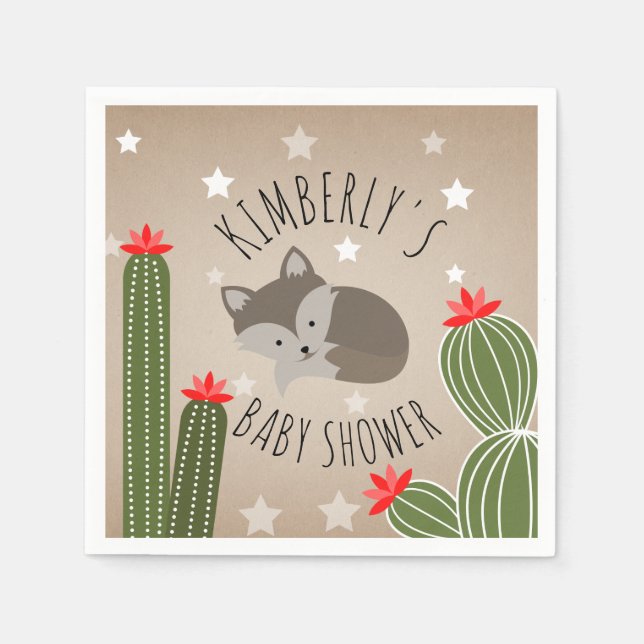 Wolf Pup Cactus Desert Stars Baby Shower Paper Napkins (Front)