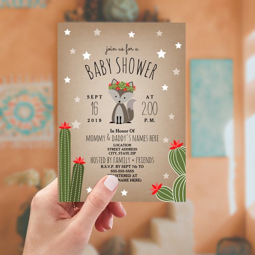 Wolf Pup Desert Stars Cactus Girl Baby Shower Invitation