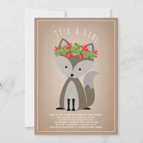 Wolf Pup Floral Succulent Cactus Baby Shower Invitation
