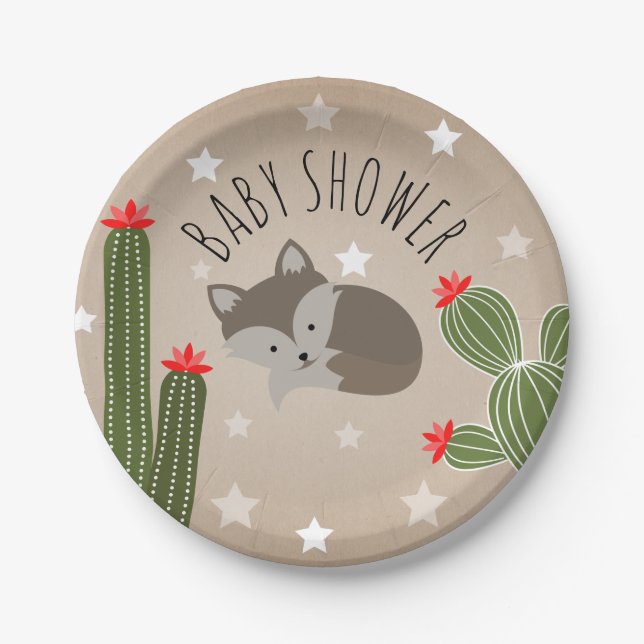 Wolf Pup Floral Succulent Cactus Baby Shower Paper Plates (Front)