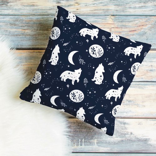 Wolf Pup Howling at the Moon Throw Pillow