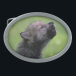 Wolf Pup Howling Oval Belt Buckle<br><div class="desc">Adorable black wolf pup howling in the grass.</div>