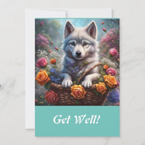 Wolf Pup in flower basket greeting card