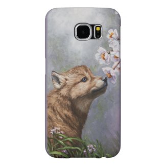 Wolf Pup Sniffing Flowers Samsung Galaxy S6 Cases