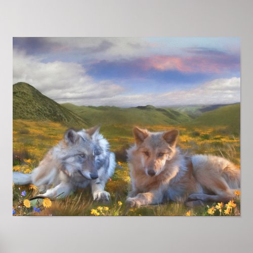 Wolf Puppies IN FLOWERS Poster