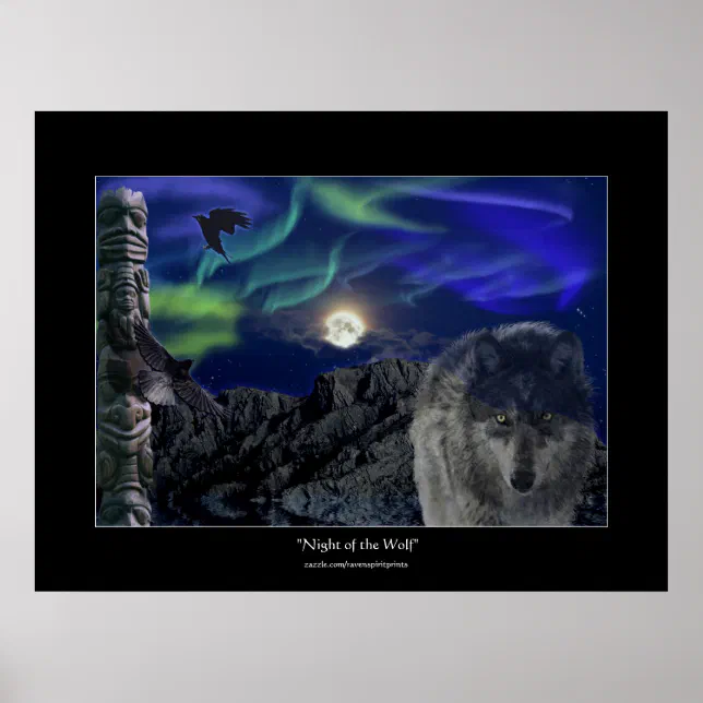 Wolf, Ravens, Totem Pole & Aurora Art Poster | Zazzle