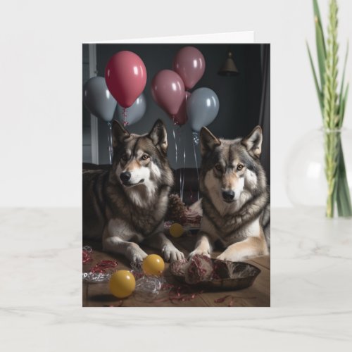 Wolf Realistic With Balloons Birthday  Card