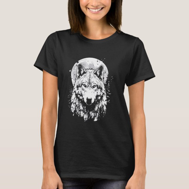 Wolf retro design Moon Grey Howling distressed T-Shirt (Front)