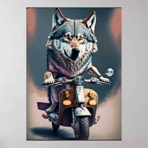 Wolf Riding a Scooter Poster