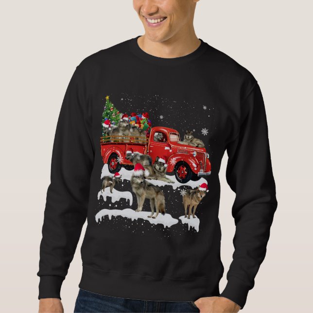 Wolf Riding Red Truck Merry Christmas X-mas Ugly G Sweatshirt (Front)