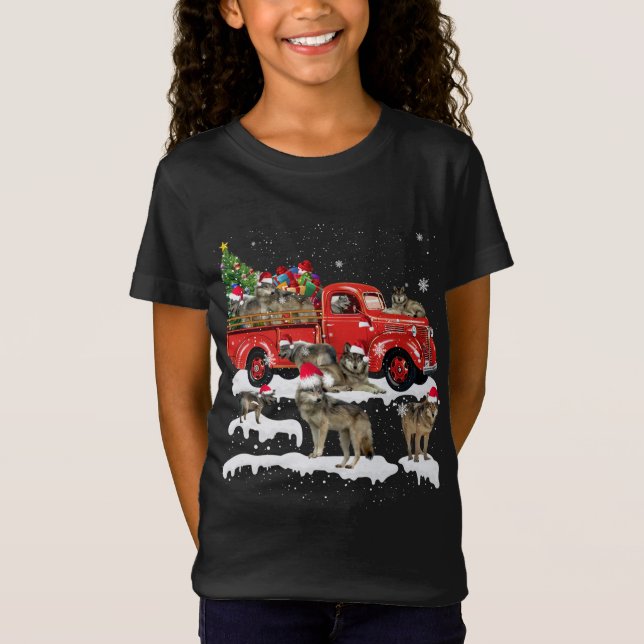 Wolf Riding Red Truck Merry Christmas X-mas Ugly G T-Shirt (Front)