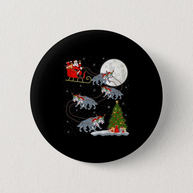 Wolf Santa Sleigh Flying Funny Magical Christmas P Button (Front)
