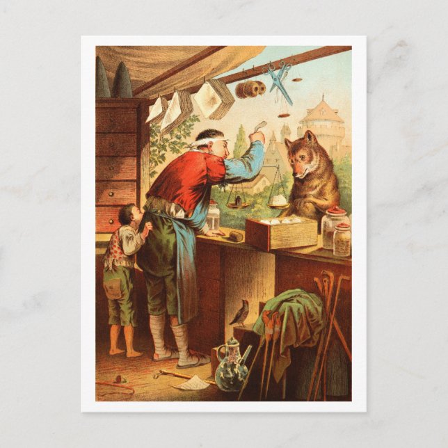 Wolf & Seven Young Kid Goats Fairy Tale Postcard (Front)