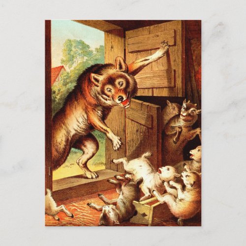 Wolf  Seven Young Kids  Fairy Tale Art Painting Postcard