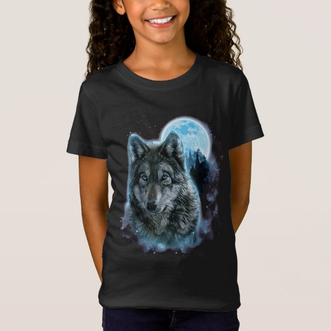 Wolf Shirt, Grey Wolf Hunting Ground, Icy Moon T-Shirt (Front)