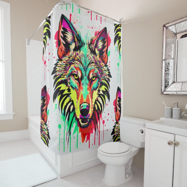 Wolf Shower Curtain | Colorful Wolf Head (In Situ)