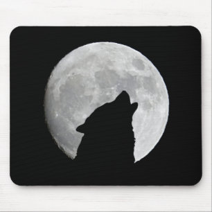 Wolf Silhouette at Dusk Plus Moon Background Mouse Pad