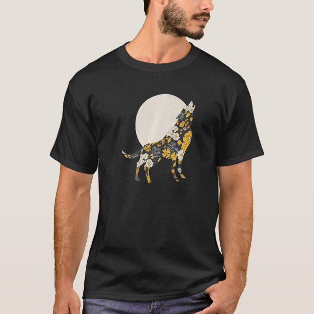 Wolf Silhouette Flower Pattern Dog  Friends T-Shirt (Front)