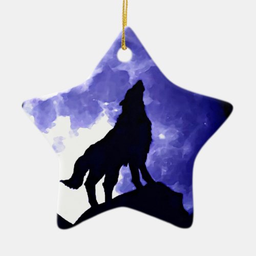 Wolf Silhouette  Full Moon Ceramic Ornament