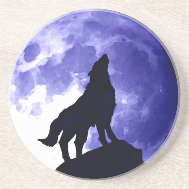Wolf Silhouette & Full Moon Drink Coaster (Front)