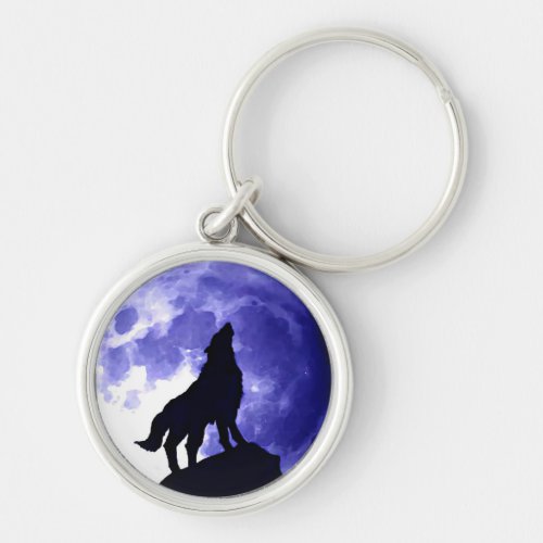 Wolf Silhouette  Full Moon Keychain