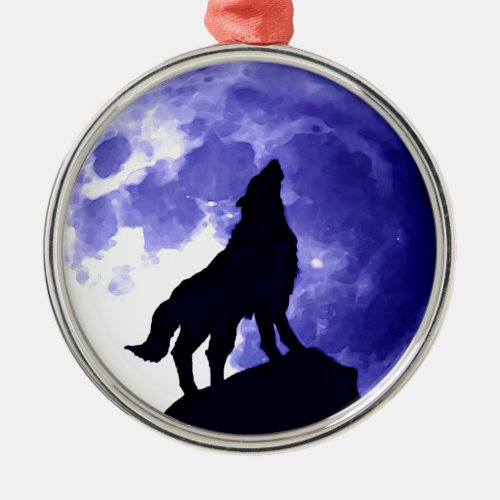 Wolf Silhouette  Full Moon Metal Ornament