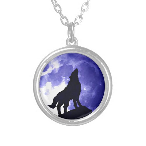 Wolf Silhouette  Full Moon Silver Plated Necklace