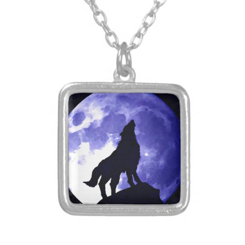 Wolf Silhouette  Full Moon Silver Plated Necklace