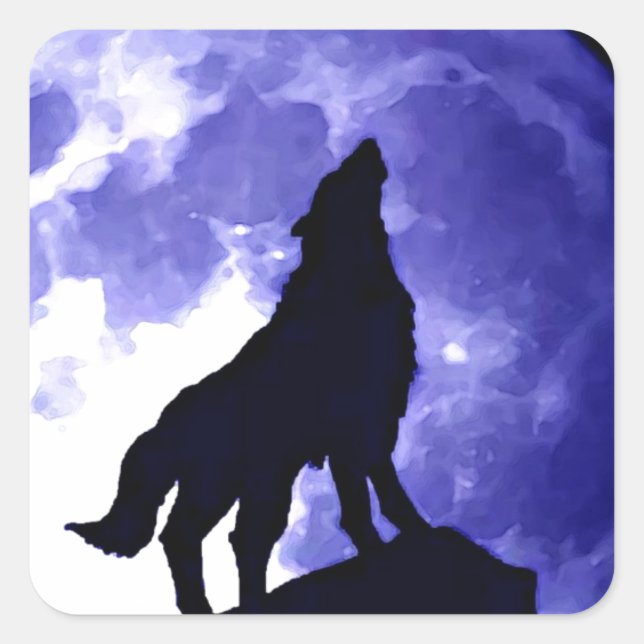 Wolf Silhouette & Full Moon Square Sticker (Front)