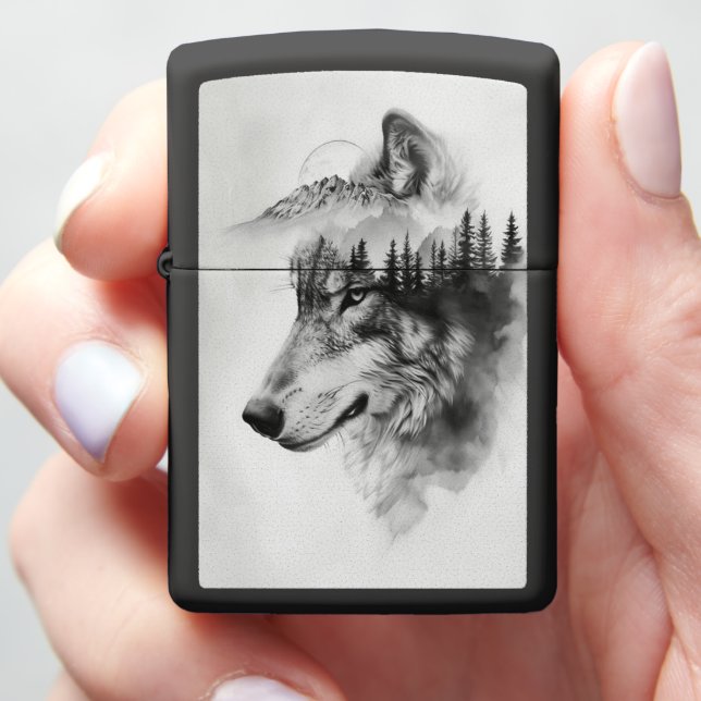 Wolf silhouette merges with mountains zippo lighter (In Hand)